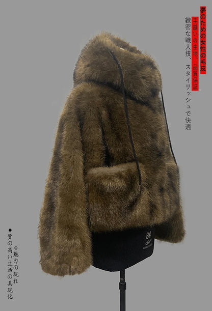 Nerazzurri Winter Short Oversized Thick Warm Shaggy Fuzzy Faux Fox Fur Coat Women Pockets Single Breasted Fluffy Hooded Jacket