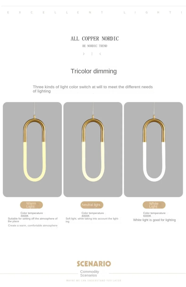 Brass U-shaped tube LED pendant lights Bedroom Bedside Long-line hanging lamp Kitchen Island Dining table Home Decor Luminaires