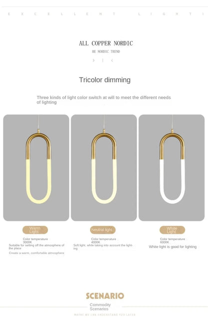 Brass U-shaped tube LED pendant lights Bedroom Bedside Long-line hanging lamp Kitchen Island Dining table Home Decor Luminaires