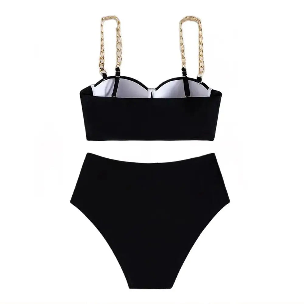 Push Up Bikini Hard Wrap Top Underwire Chain Shoulder Straps High Waist Bottom Swimwear Women Solid Swimming Beach Bathing Suit