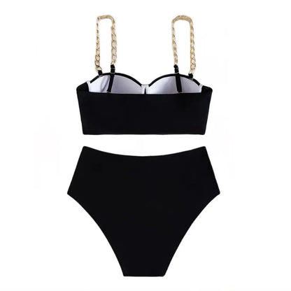 Push Up Bikini Hard Wrap Top Underwire Chain Shoulder Straps High Waist Bottom Swimwear Women Solid Swimming Beach Bathing Suit