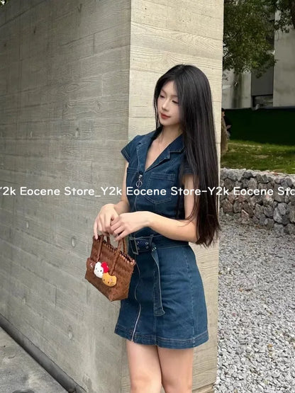 American Retro Black Denim Short Dress Women Summer Zipper Elegant Slim One Piece Dress Korean Fashion Design Casual Clothing