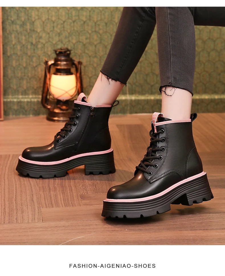 Women Shoes Boots Ankle 2022 New Autumn British Wind Genuine Leather Thick With Fur Ladies Short Boots Motorcycle heels boots
