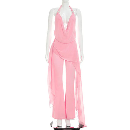 Summer Sexy Backless Halter Chiffon Jumpsuits Women Club Party Rompers Bodycon Fashion Sleeveless V Neck Overalls Beach Vacation