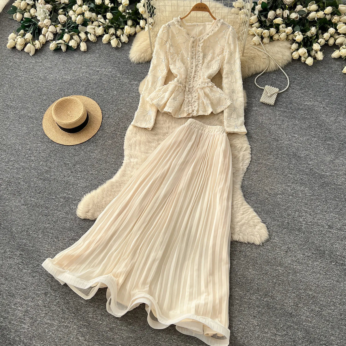 lace beaded embroidery  Elegant Two Pieces Sets Chic Blouse Top with Sweet High Waist  A-line Skirt Vacation Fall Sets