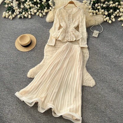 lace beaded embroidery  Elegant Two Pieces Sets Chic Blouse Top with Sweet High Waist  A-line Skirt Vacation Fall Sets