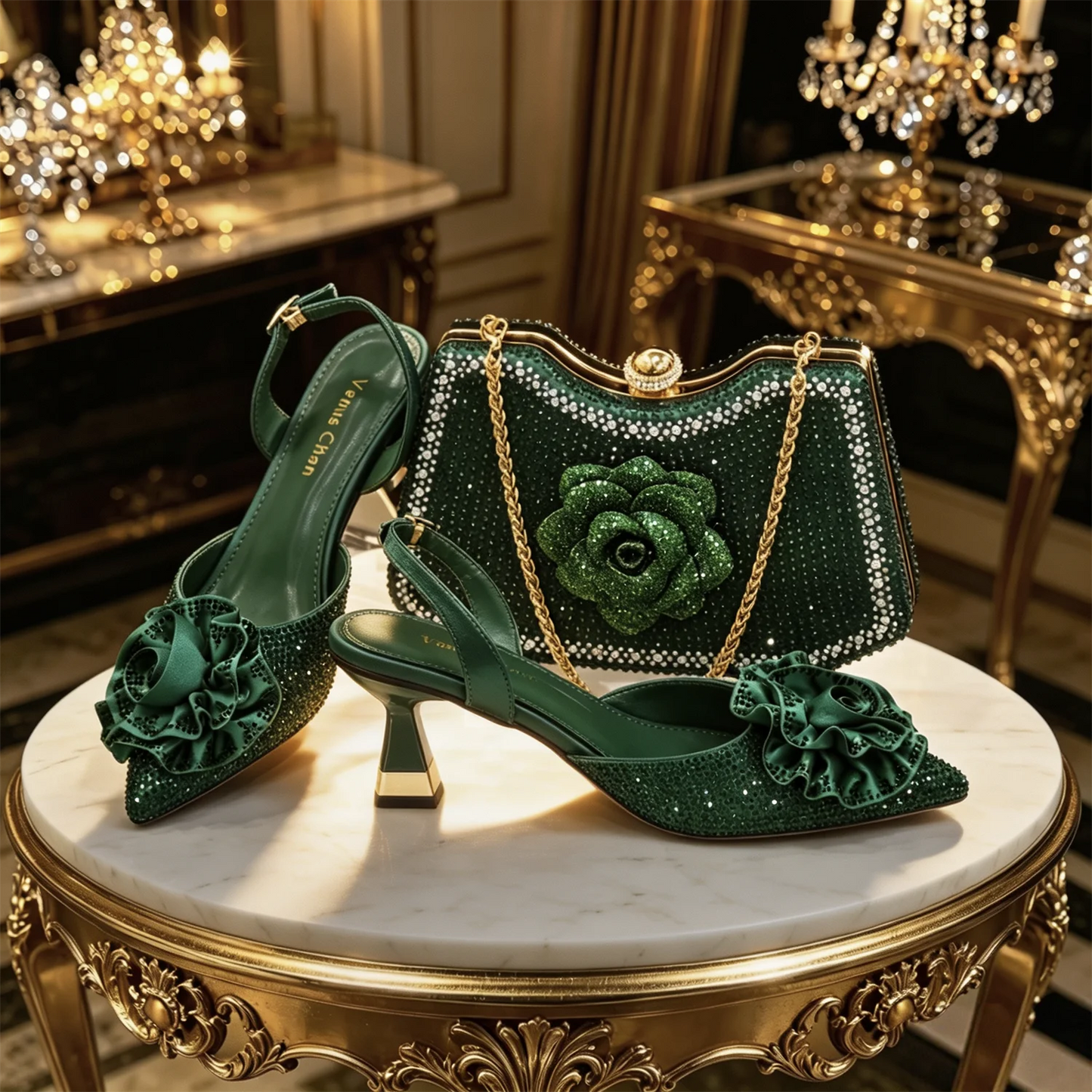 2026 Luxury Green 3D Rose Rhinestone Shoes And Bag Set Women Pointed Toe Slingback High Heels Matching Clutch For Wedding Party