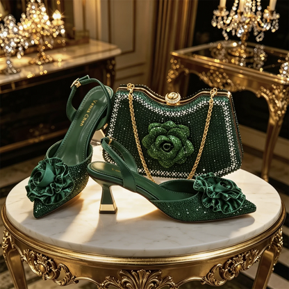 2026 Luxury Green 3D Rose Rhinestone Shoes And Bag Set Women Pointed Toe Slingback High Heels Matching Clutch For Wedding Party