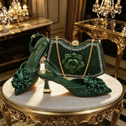 2026 Luxury Green 3D Rose Rhinestone Shoes And Bag Set Women Pointed Toe Slingback High Heels Matching Clutch For Wedding Party