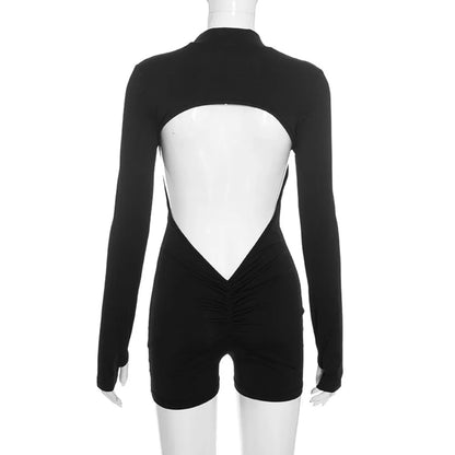 FLARORA Sexy Hollow Out Backless Rompers Woman Trend O-Neck Full Sleeve Zip Skinny Peach Hip Playsuits Midnight Party Clubwear