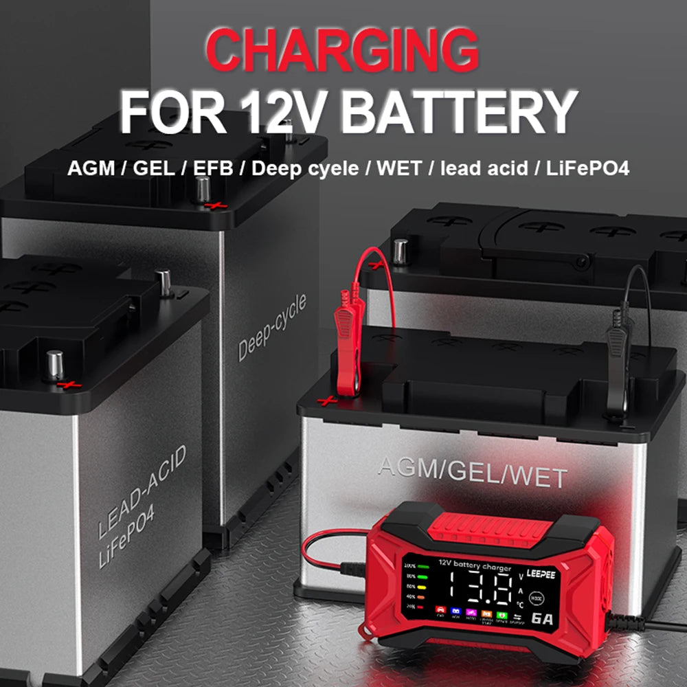 Intelligent Car Battery Charger Full Automatic Smart Battery Charging Fast Power Charging Pulse Repair Tools  Digital LCD Display For SUV Motorcycle Truck RV