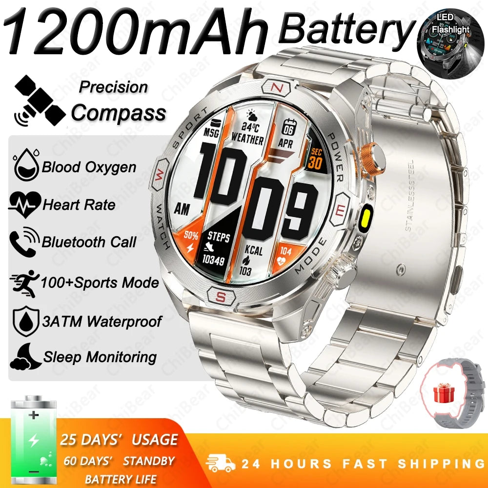ChiBear Genuine Military Smart Watch Men: 1200 mAh Battery Compass GPS Sports Outdoor Watch Bluetooth Call Smartwatch 2026 New