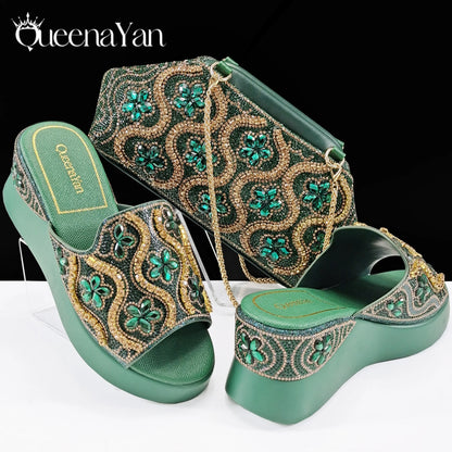 Queena Yan High Quality 2025 Newst Hot Selling Open Toe Slingback Sandals with Bag Set in Green Color For Women Wedding Party