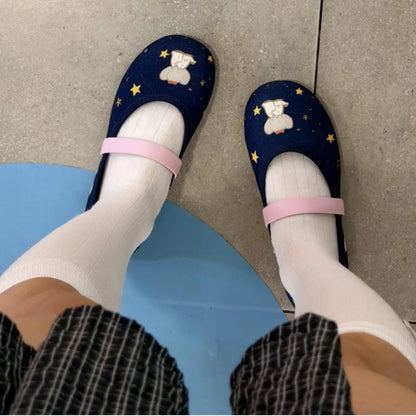 Denim Elephant Print Mary Jane Shoes For Women, Round Toe, Flat Ballet Shoes With a Shallow Neckline
