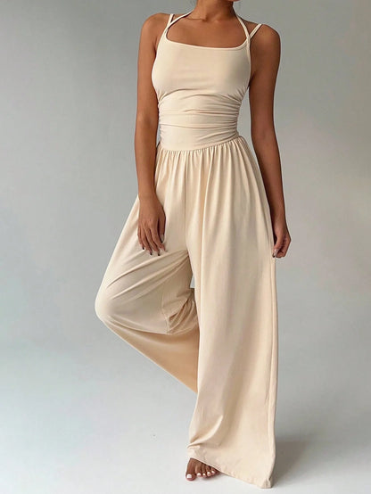 Women Halter Spaghetti Strap Jumpsuits Summer Casual Elastic High Waist Backless Wide Leg Long Pants Romper Club Party Overalls