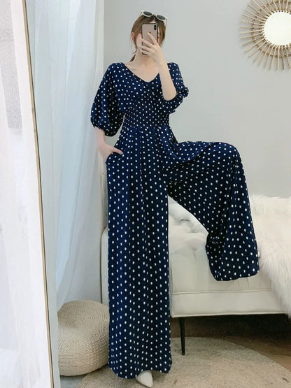 Jumpsuit Women Summer New Temperament Polka Dot V-neck High Waist Casual Wide Leg Jumpsuit Elegant Party One Piece Jumpsuits