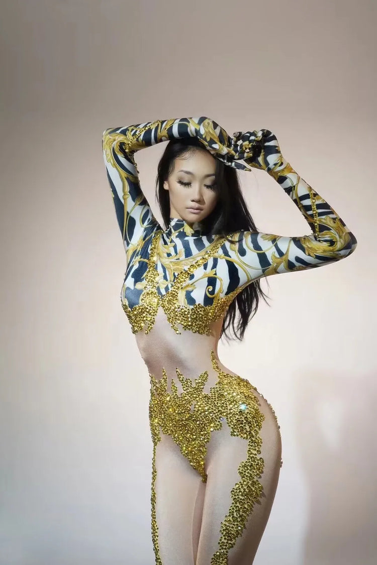 Sexy Full Diamond Long Sleeved Jumpsuit Ballroom Pole Dancer Performance Outfit Fashionable Club Suit Women's Photography