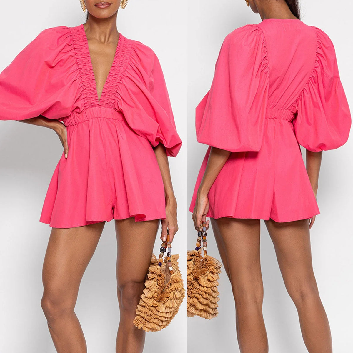 Combhasaki Womens Y2K Deep V-Neck Rompers Solid Color/Plaid Bubble Puff Sleeve Summer High Waist Short Flare Jumpsuits Playsuits