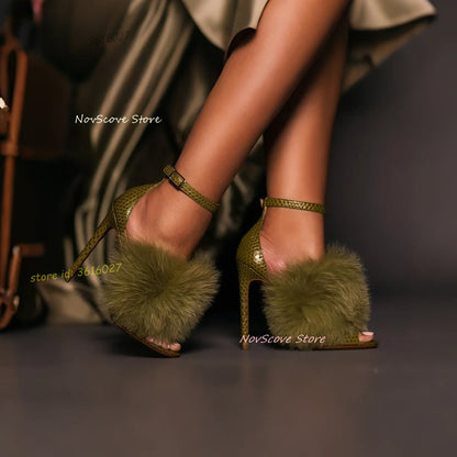 Green Furry Open Toe Sandals Snake Skin Pattern Ankle Straps Buckle Stiletto High Heels Shallow Sandals Faux Fur Party Shoes