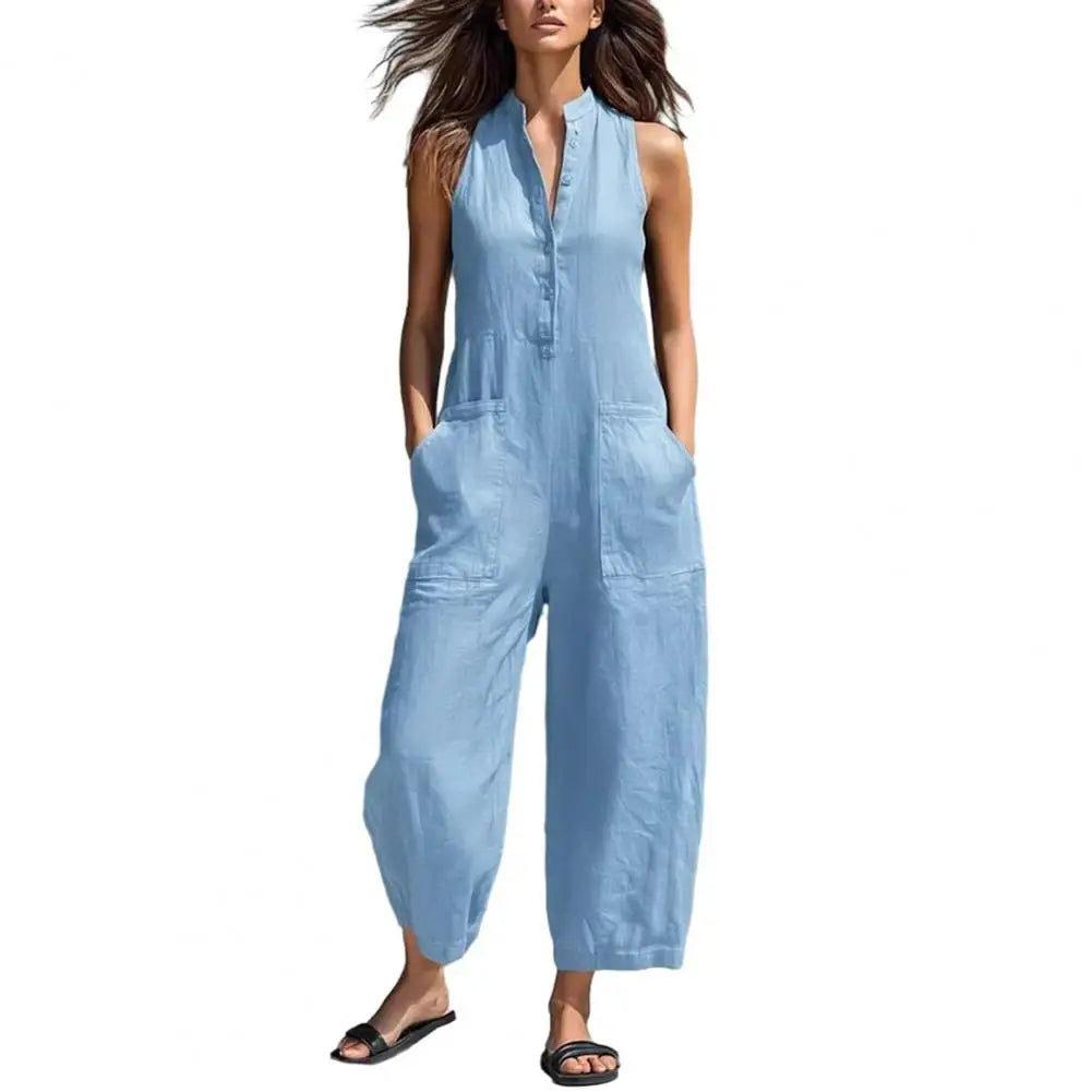 Women's Summer Sleeveless Jumpsuit Button Up Stand Collar Loose One Piece Overalls Wide Leg Long Pants Rompers with Pockets