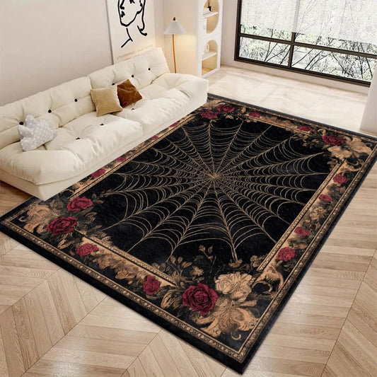 Vintage Gothic Spider Web Rose Area Rug Retro Dark Non‑Slip Floor Carpet for Bedroom Living Room Home Decoration