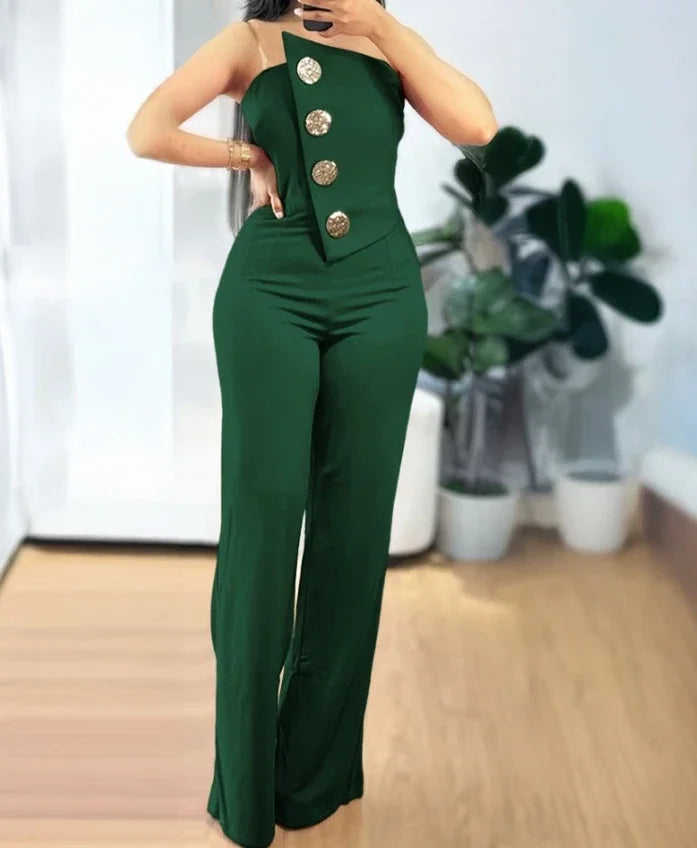 Jumpsuit Women Spring Fashion Rhinestone Fishnet Patch Sexy Plain Asymmetrical Neck Long Sleeve Skinny Daily Flared Leg Jumpsuit