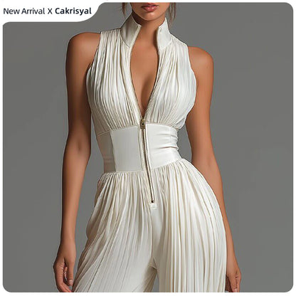Women's Elegant Pleated Jumpsuit Sleeveless Stand Collar Zipper V-Neck High Waist Wide Leg Romper Party Outfit Fashion Jumpsuit