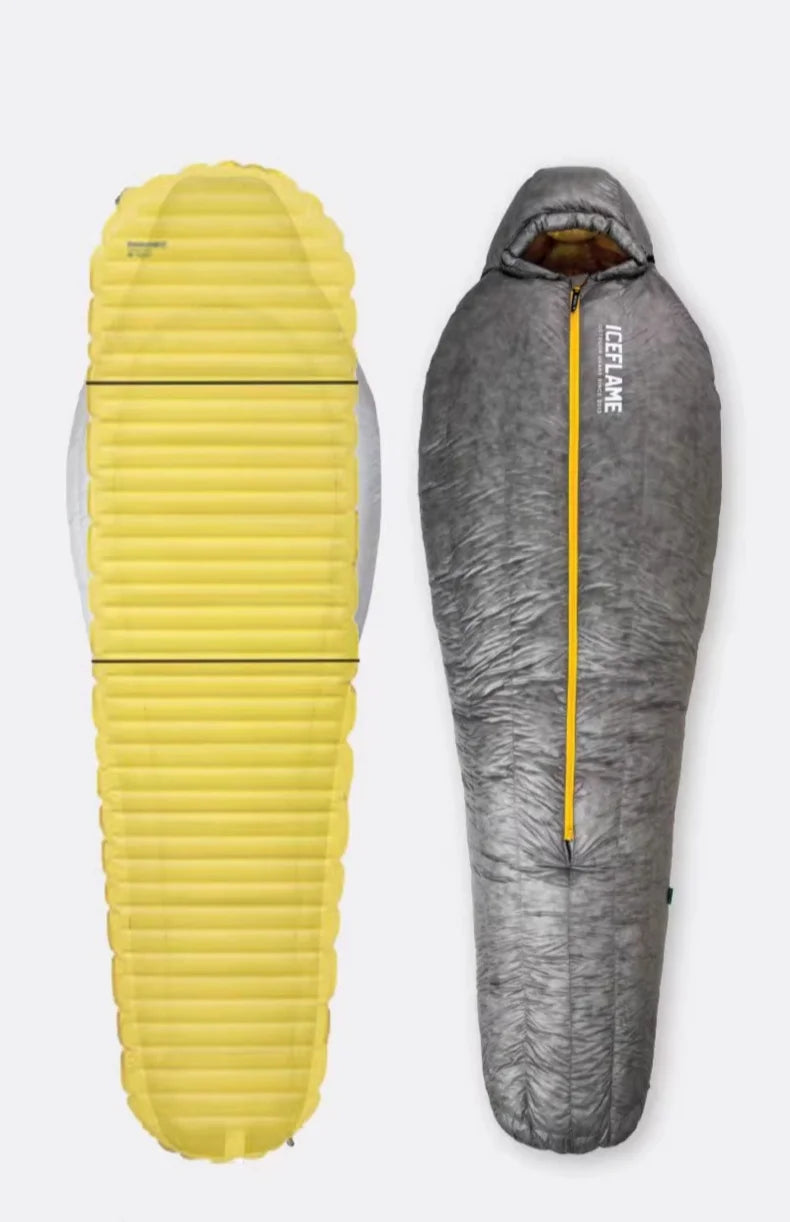 ICE FLAME Camping Mummy Gray Down Sleeping Bag Outdoor Ultralight 10D Unisex Sleeping Bag Traveling Hiking Mountain Climbing