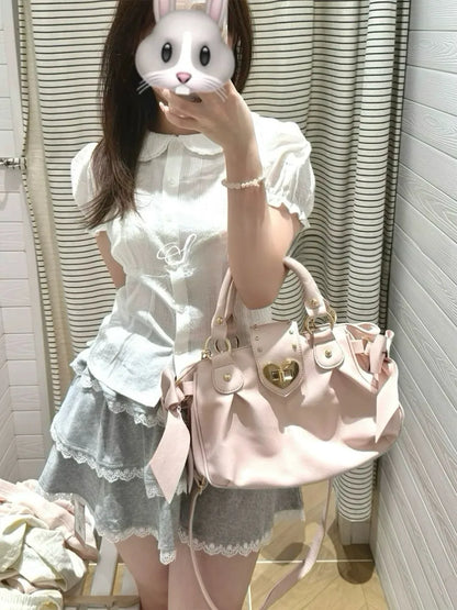Harajuku Bow Pink Hand Bag Purse Women Japanese Style Soft Casual Crossbody Bag Ladies Sweet Cute Large Capacity Shoulder Bags