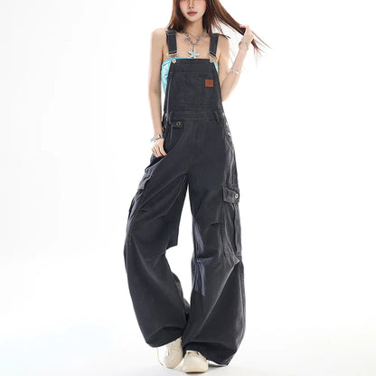 Women's Big Pocket Cargo Overalls Street Jumpsuits Straight Unisex Trousers Wide Leg Sweatpants High Waist Casual Baggy Pants