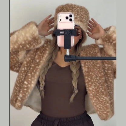 Retro Cute Deer Spot Faux Fur Coat Women Soft Furry Texture Vintage Oversized Jacket 2026 New Warm Elegant Women Street Outwear
