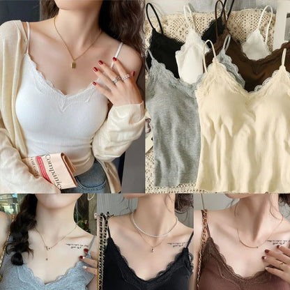 Women Sexy Padded Camisole Lace Back Seamless Tank Top V Neck Spaghetti Strap Vest Breathable Casual Base Layer Underwear
