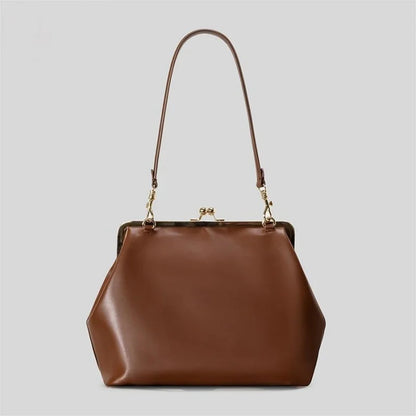 2026 Retro Leather & Straw Woven Bag – Kiss Lock Frame Shell Clutch, Large Capacity Shoulder Tote for Commute Beach Evening