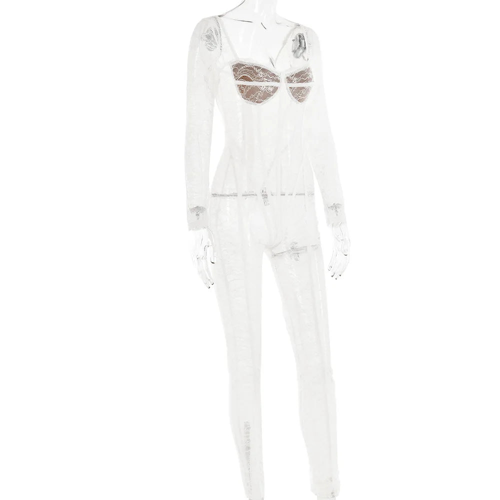 Cryptographic Sheer Lace Hollow Out Sexy Jumpsuits Zip Up Backless Outfits Women Unitards Square Neck Romper Overalls One Piece