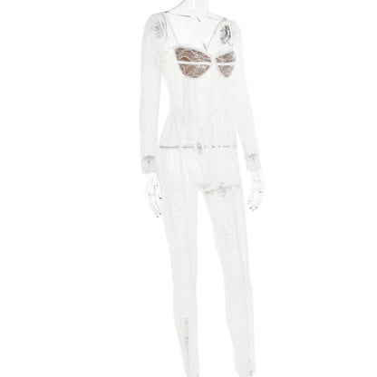 Cryptographic Sheer Lace Hollow Out Sexy Jumpsuits Zip Up Backless Outfits Women Unitards Square Neck Romper Overalls One Piece