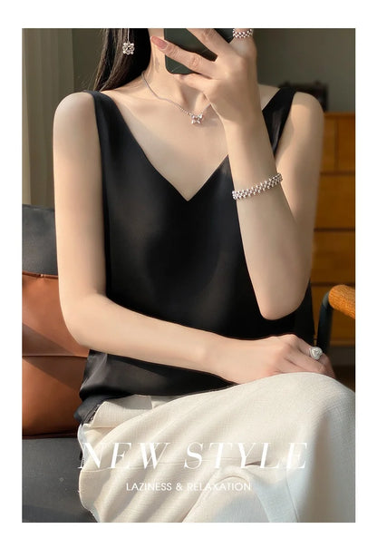 New Lce Silk Satin Camisole Women's Spring/Summer Solid Color Sleeveless Sexy Comfortable Silk Underwear Vest RW-D09