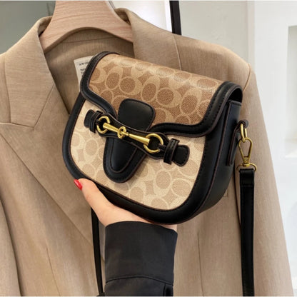 Women Retro Print Saddle Crossbody Bag Luxury Horse Bit Buckle Small Shoulder Bag Fashion PU Leather Ladies Daily Handbag