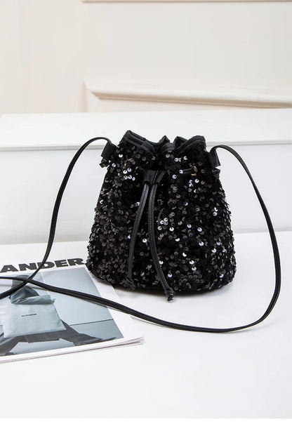 New Chic Multicolor Sequin Shing Shoulder Bag Fashion Versatile Handbag Drawstring Bucket Bag Large Capacity Wallet Purse Bags