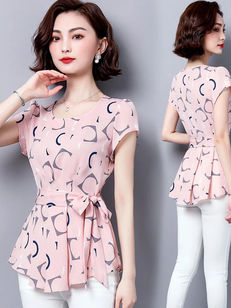 Ladies' summer fashionable age-reducing polka dot short-sleeved chiffon shirt, ladies' short-sleeved round neck fitted waist tem
