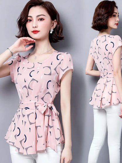 Ladies' summer fashionable age-reducing polka dot short-sleeved chiffon shirt, ladies' short-sleeved round neck fitted waist tem