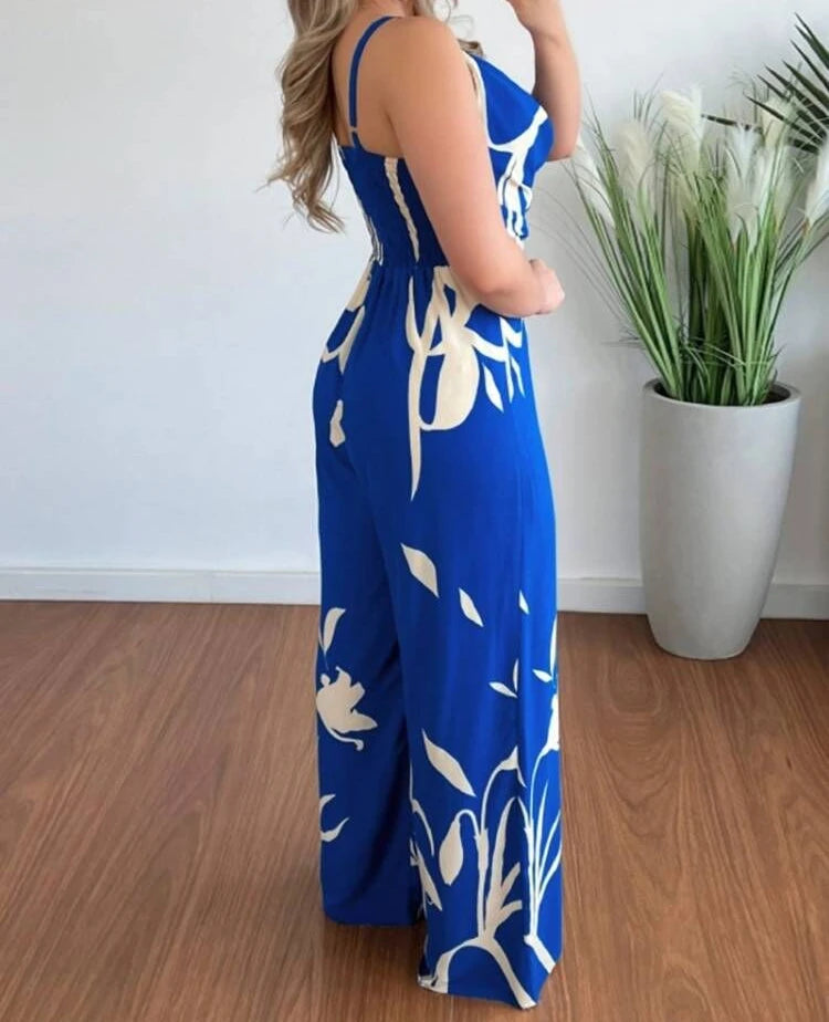 Women's Jumpsuit 2024 Summer Fashion Print Temperament Commuting Elegant Overalls Sleeveless V-neck Open Back Wide Leg Jumpsuits