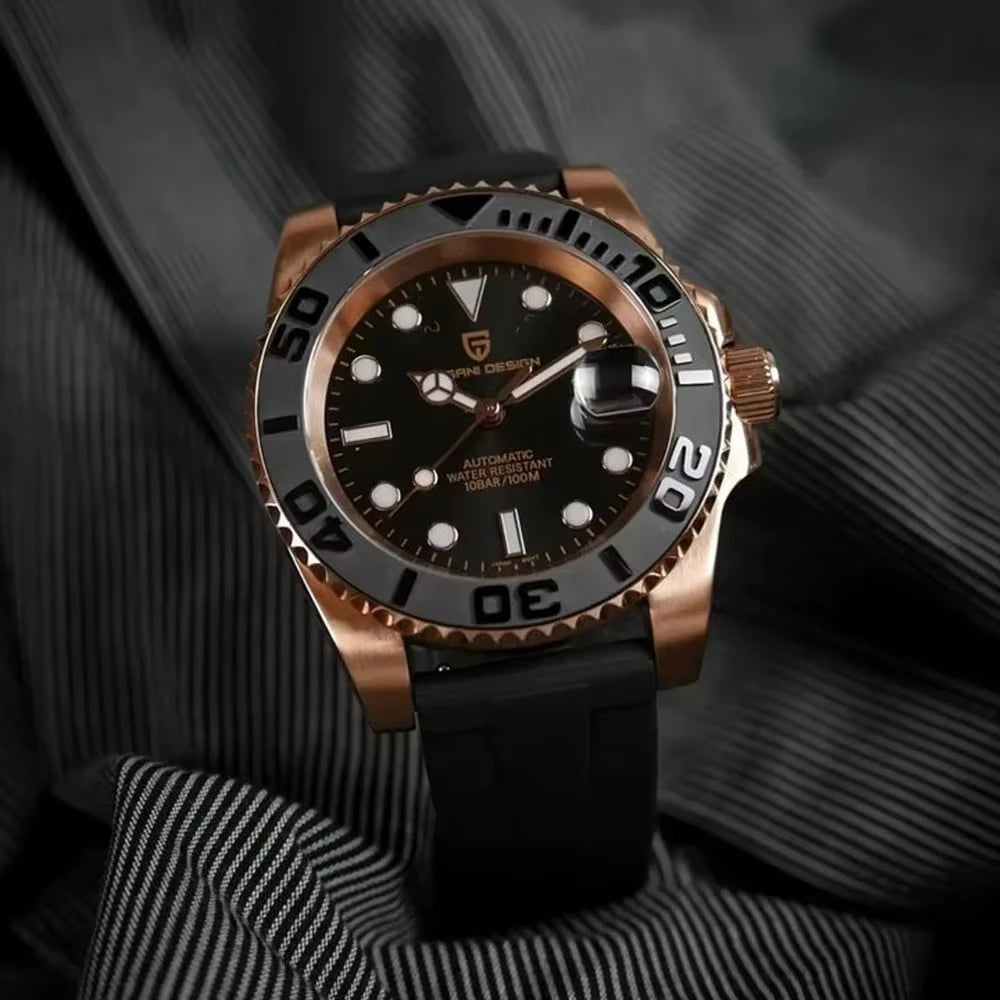 Hot Top PAGANI DESIGN Men Automatic Mechanical Watch Rose Gold Case Black Rubber Strap Dive Watch Sapphire Glass 100M Waterproof Luminous Date Sport Mens Wristwatch Relogio Masculino