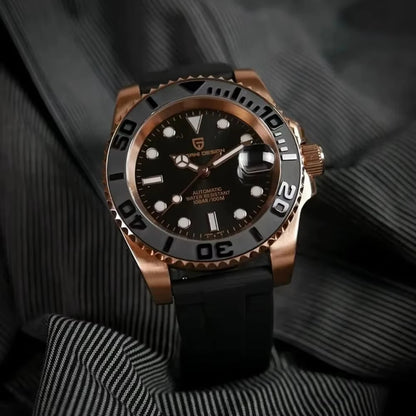 Hot Top PAGANI DESIGN Men Automatic Mechanical Watch Rose Gold Case Black Rubber Strap Dive Watch Sapphire Glass 100M Waterproof Luminous Date Sport Mens Wristwatch Relogio Masculino
