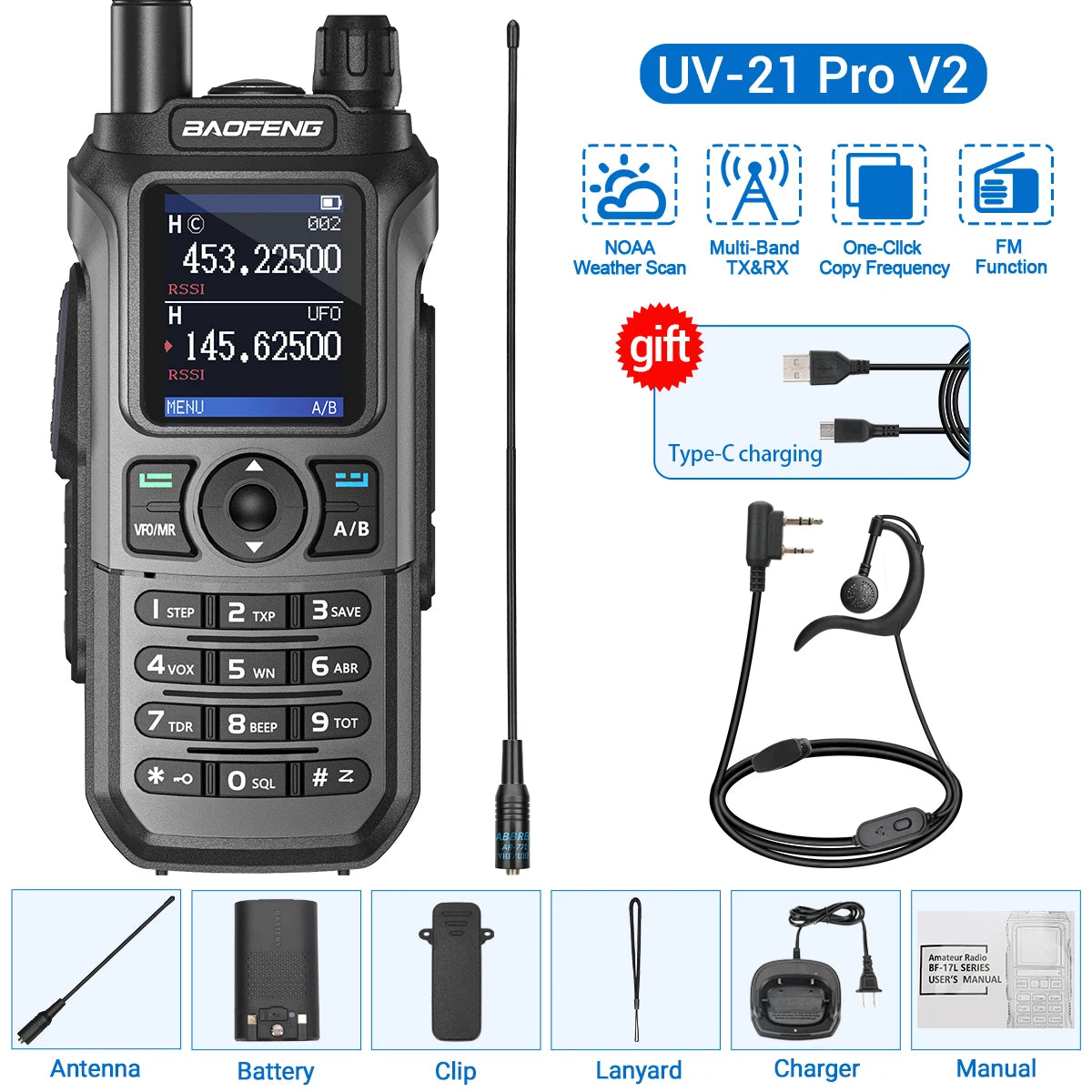 Baofeng UV-21 PRO Walkie Talkie Wireless Copy Frequency 16 KM Long Range TYPE-C V2 Two Way Radio Ham CB Radio UV-5R UV-17
