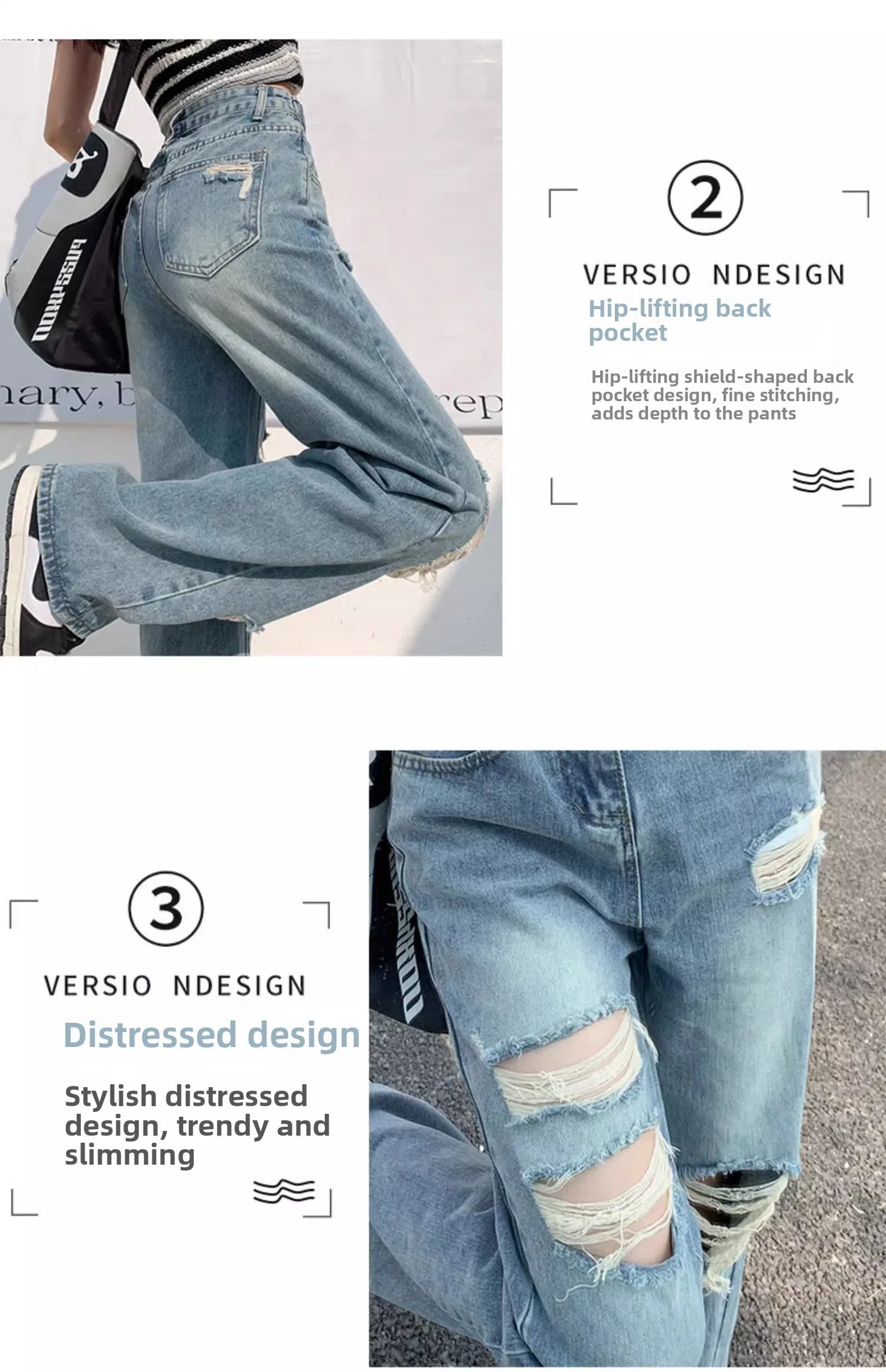 Trendy Ripped Straight Leg Jeans Women's Spring Summer High Waist Loose Wide Leg Pants Slimming Design Casual Denim Jeans