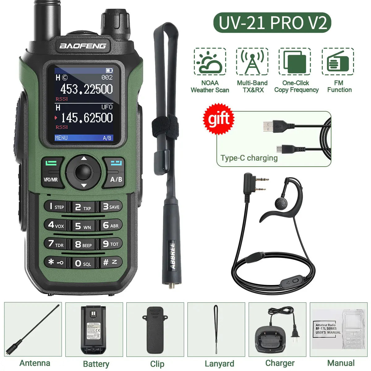 Baofeng UV-21 PRO Walkie Talkie V2 Long Range Multi-band Portable Ham Two Way Radio Wireless Copy Frequency Type-C For Hunting