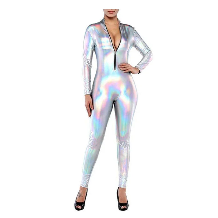 Plus Size Bodycon Party Romper Shiny Laser Holographic Front Zipper Long Sleeve Jumpsuits High Street Sissy Stretchy Bodysuit
