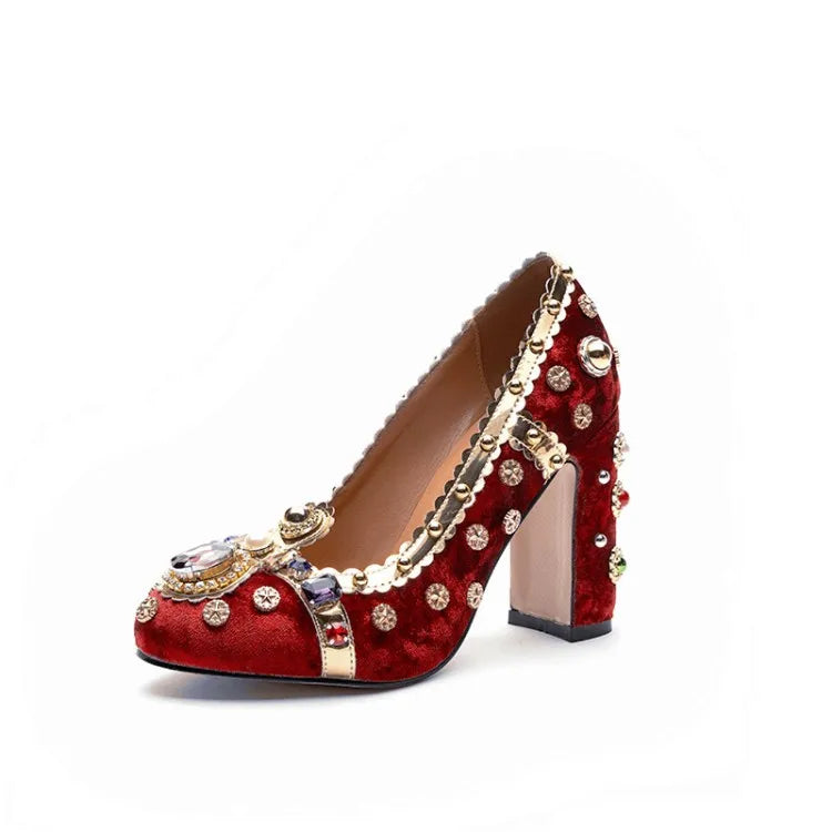 Purple Velvets Women Shallow Pumps Round Toe Crystal Gold Decorations Chunky High Heels 10cm Wine Red Prom Party Creepers Sapato