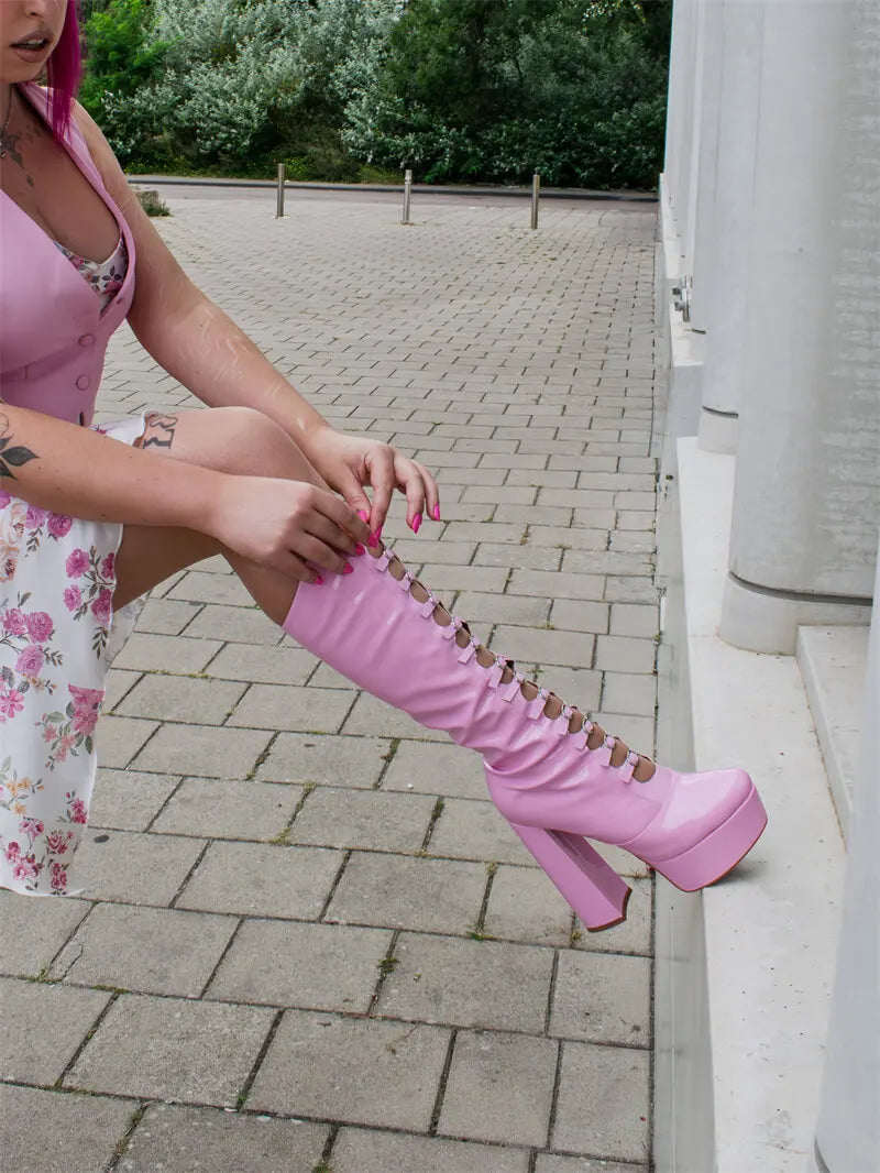 Onlymaker Women Pink Platform Multibuckle Strap Knee High Boots Big Size Comfy Female Side Zipper Mondern Boots