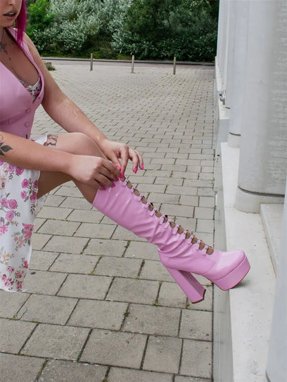 Onlymaker Women Pink Platform Multibuckle Strap Knee High Boots Big Size Comfy Female Side Zipper Mondern Boots